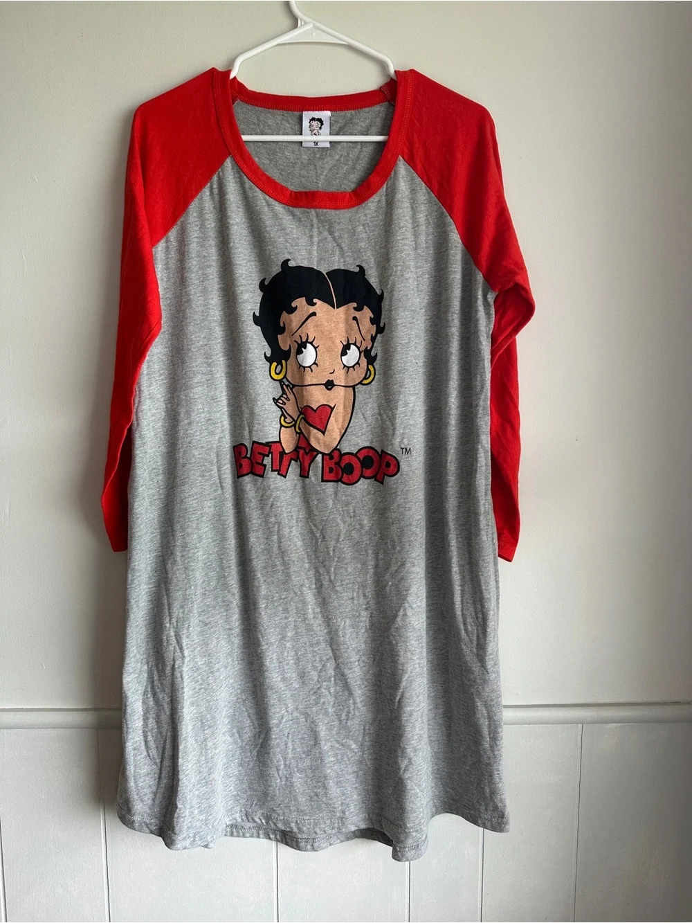 Betty Boop Gray Red Raglan Baseball Sleep Shirt Nightgown Plus 1X